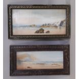 Two coastal watercolours, possibly same artist, unsigned, largest: 28 x 14 cm, framed and glazed