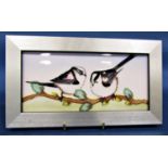 Framed Moorcroft panel showing long tailed tits, dated 2013