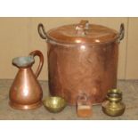 A 19th century cylindrical copper pan with two fixed loop steel handles complete with lid,