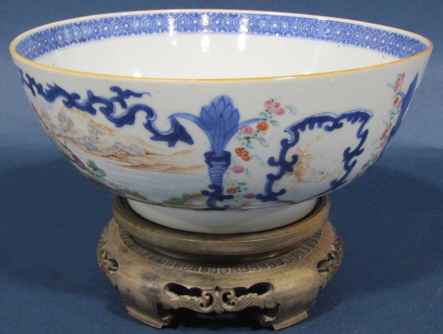 Late 18th/early 19th century porcelain bowl showing two family groups in a landscape within