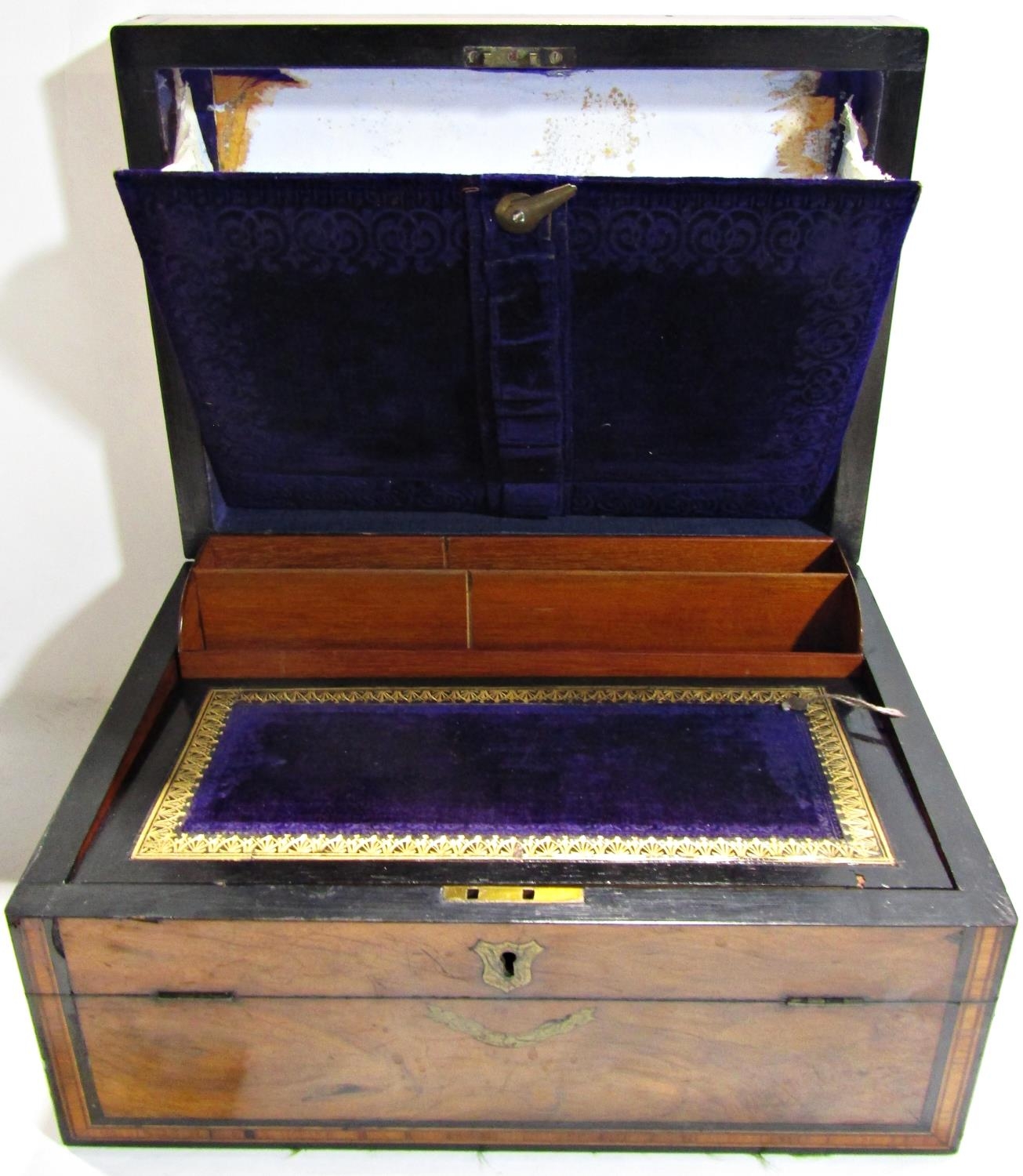 A 19th century walnut, ebony and rosewood strung, writing slope with a hinged front panel and purple - Image 2 of 5