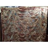 Large antique embroidered silk wall hanging with hand stitched embroidery of peacocks, flowers and