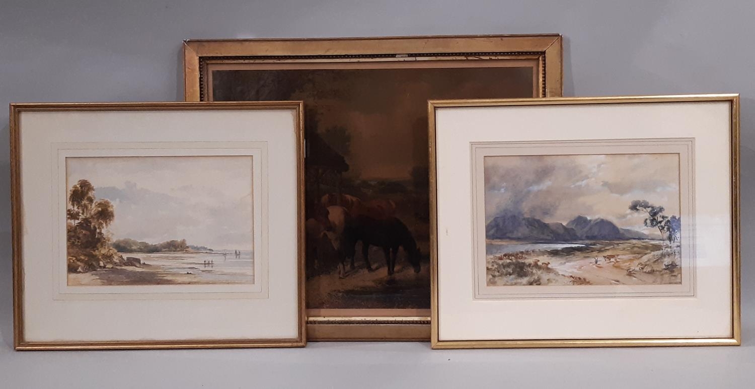 Three c.19th century framed works to include: A. L. Ralli? - watercolour of figure and animals in