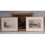 Three c.19th century framed works to include: A. L. Ralli? - watercolour of figure and animals in