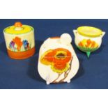Clarice Cliff Rhodanthe patter sugar basin and cover of drum form together with crocus pattern