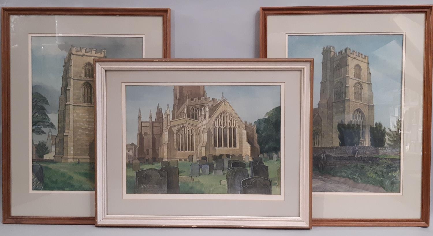 William Suddaby (20th/21st century) - Three paintings of churches, pencil, watercolour and pastel on