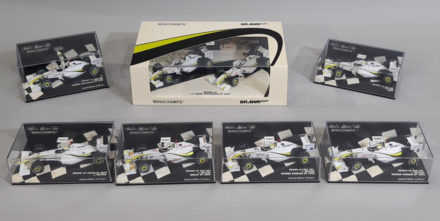 7 cased models of Formula 1 racing cars by Minichamps (Paul's Model Art), all 1:43 scale