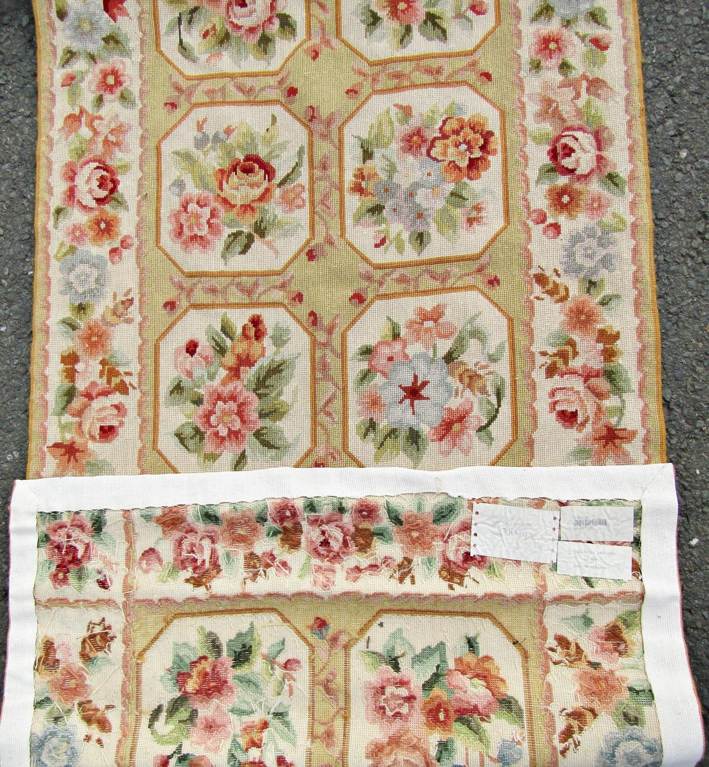 Two lengths of Aubusson style floral tapestry runners, 480cm and 366cm both 84cm wide. - Image 2 of 2