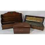 19th century oak desk top stationery rack together with a 19th century tea caddy (af) and a 19th