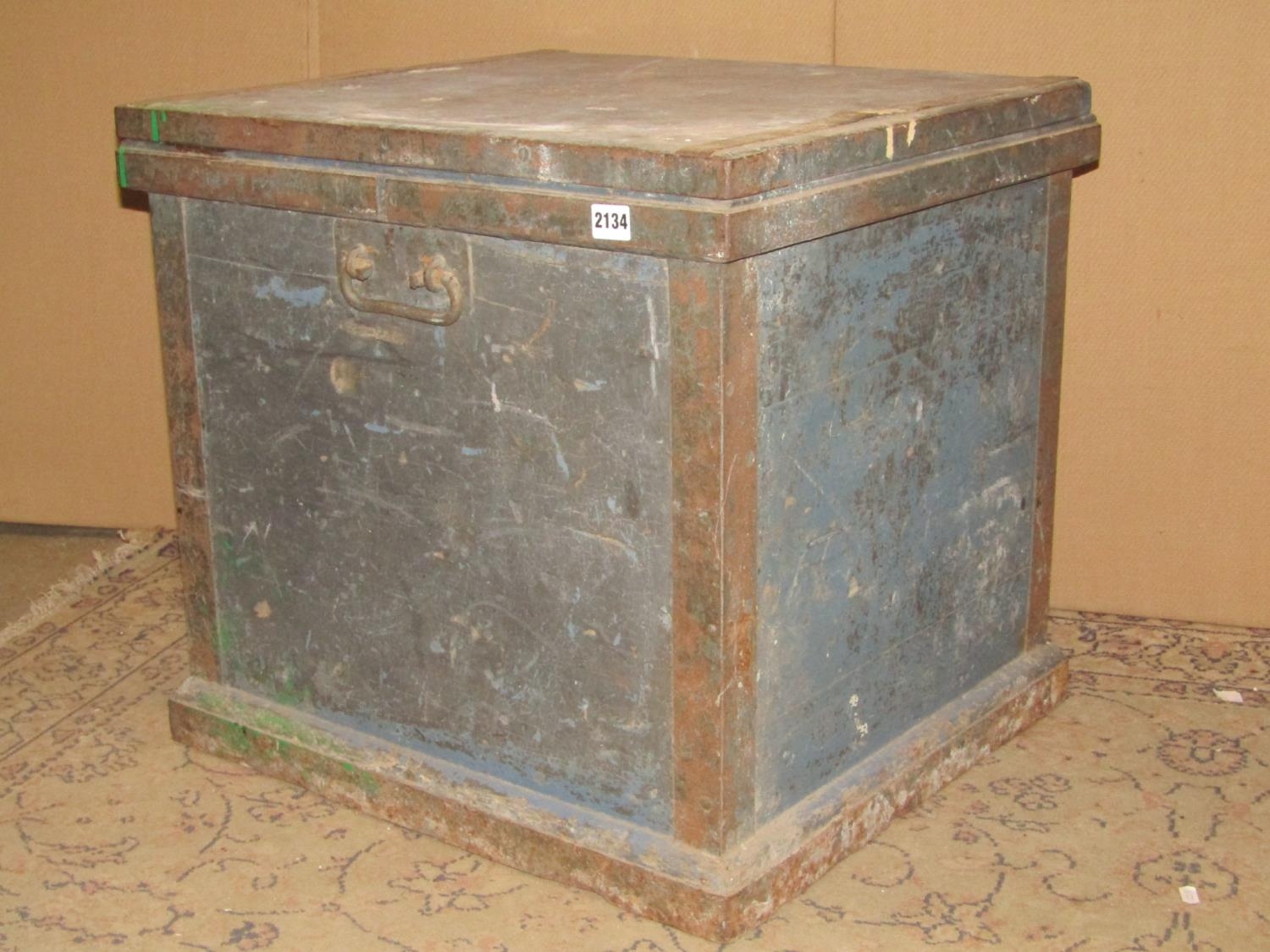 An unusual 19th century pine box with painted finish, drop carrying handles and iron strap work