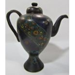 A small slender Japanese cloisonné teapot with butterflies and flower decoration on a waisted