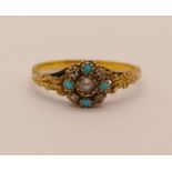 Georgian yellow metal ring set with turquoise, rose-cut diamonds and central pearl, size L, 1.4g