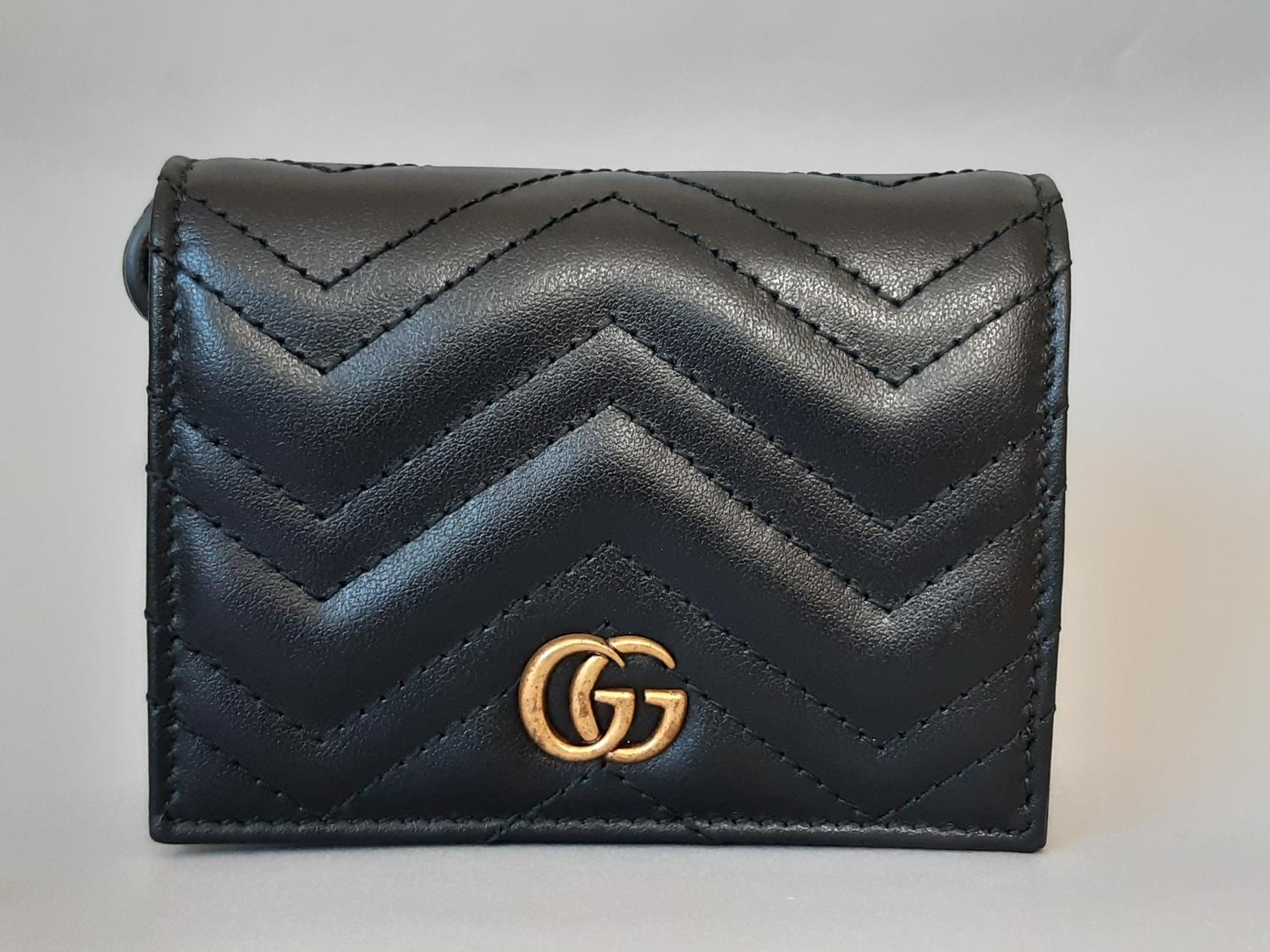 Marmont Card Case Wallet by Gucci (current style) in soft black leather with antique gold toned - Image 3 of 6