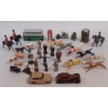 Collection of lead painted and tin plate vintage toys including 7 Chad Valley racehorses, mounted