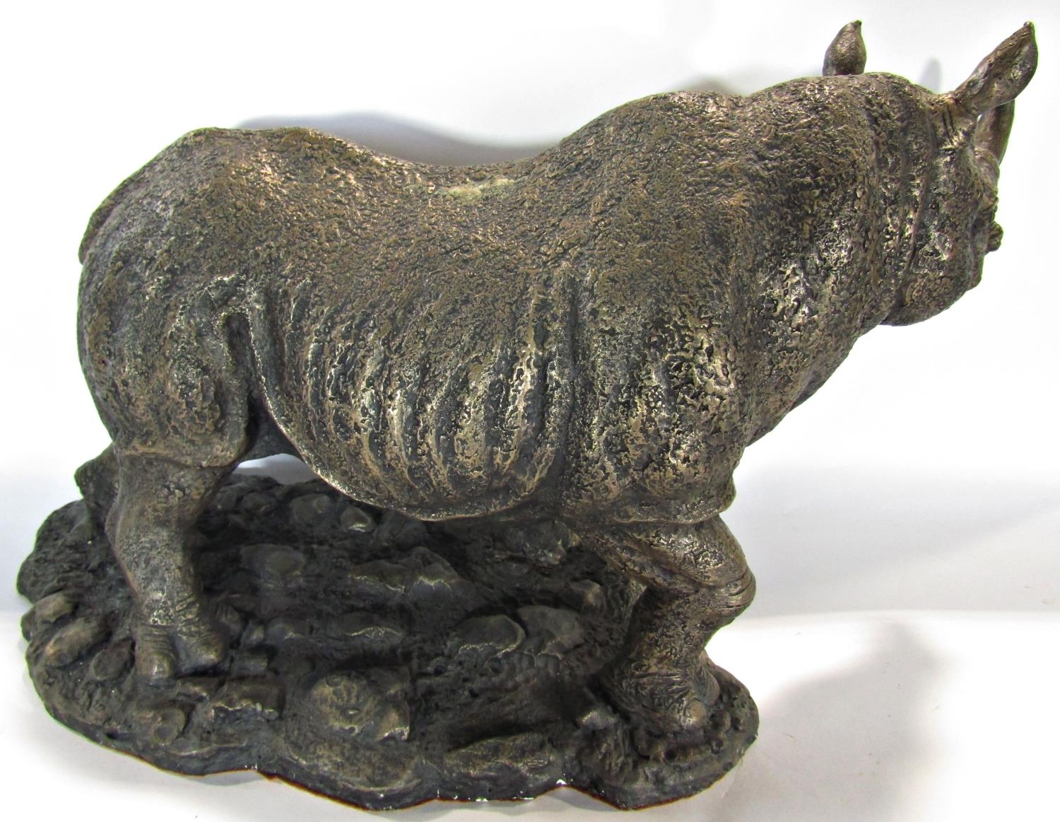 A bronze resin statue of a rhinoceros, signed B H Hollinger, 50cm wide approx - Image 2 of 3