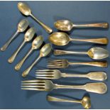 A mixed selection of 19th century silver flatware, teaspoons, forks, etc, 9oz approx