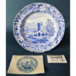 Three 19th century blue and white transfer ware dinner plates by John Rogers & Sons showing