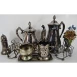A miscellaneous collection of silver plated table ware including, two coffee pots, a pair of