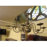 Two similar Dutch brass ceiling lights each with eight branches, 50cm diameter x 70cm high and