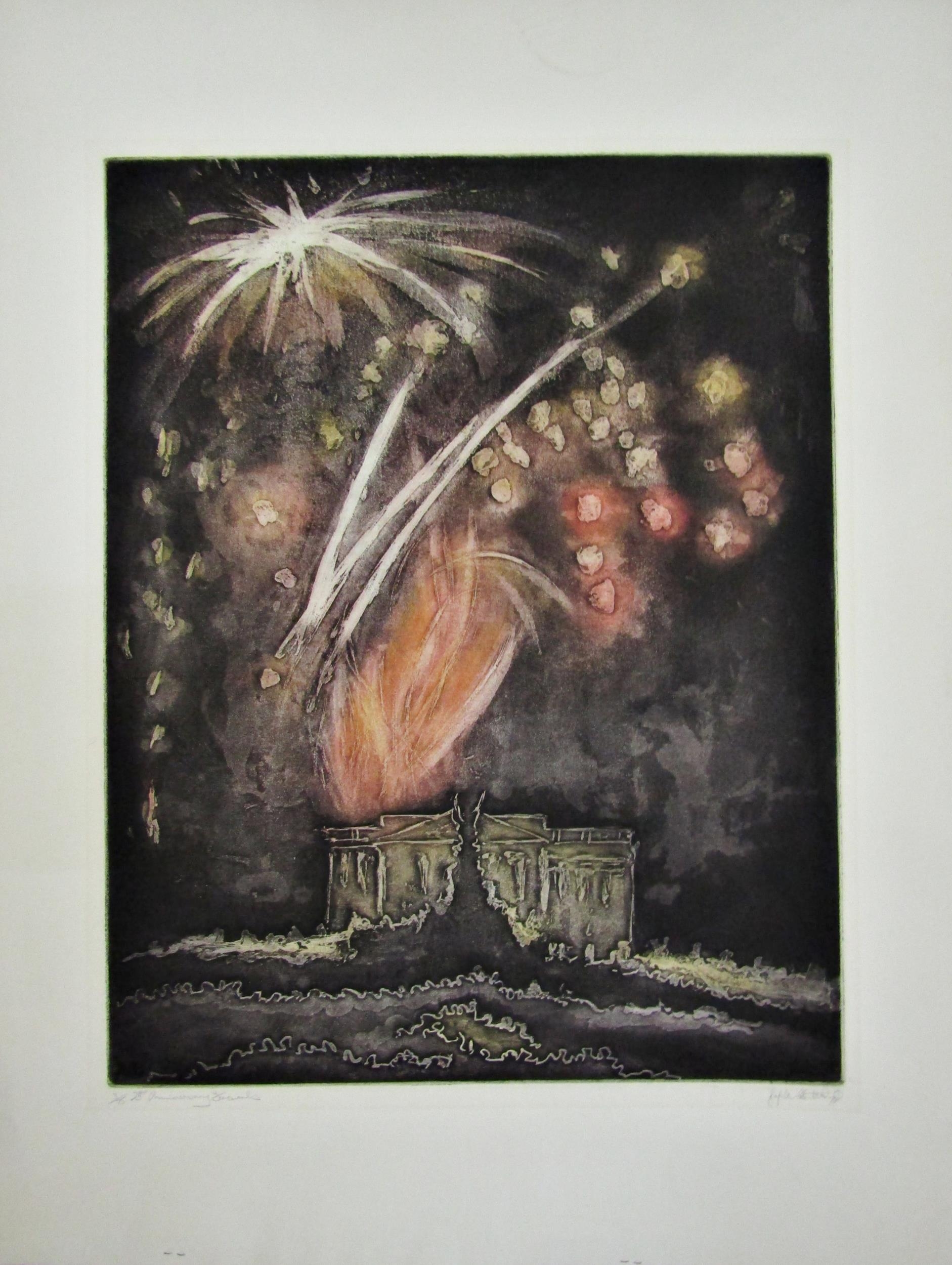 JOSEPH BUSUTTIL (b.1936) '25TH ANNIVERSARY FIREWORKS' etching in colours, signed, titled, numbered