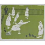 BARBARA VINCENT (20TH CENTURY CONTEMPORARY) 'LADIES BOWLING MATCH' linocut in colours, signed,