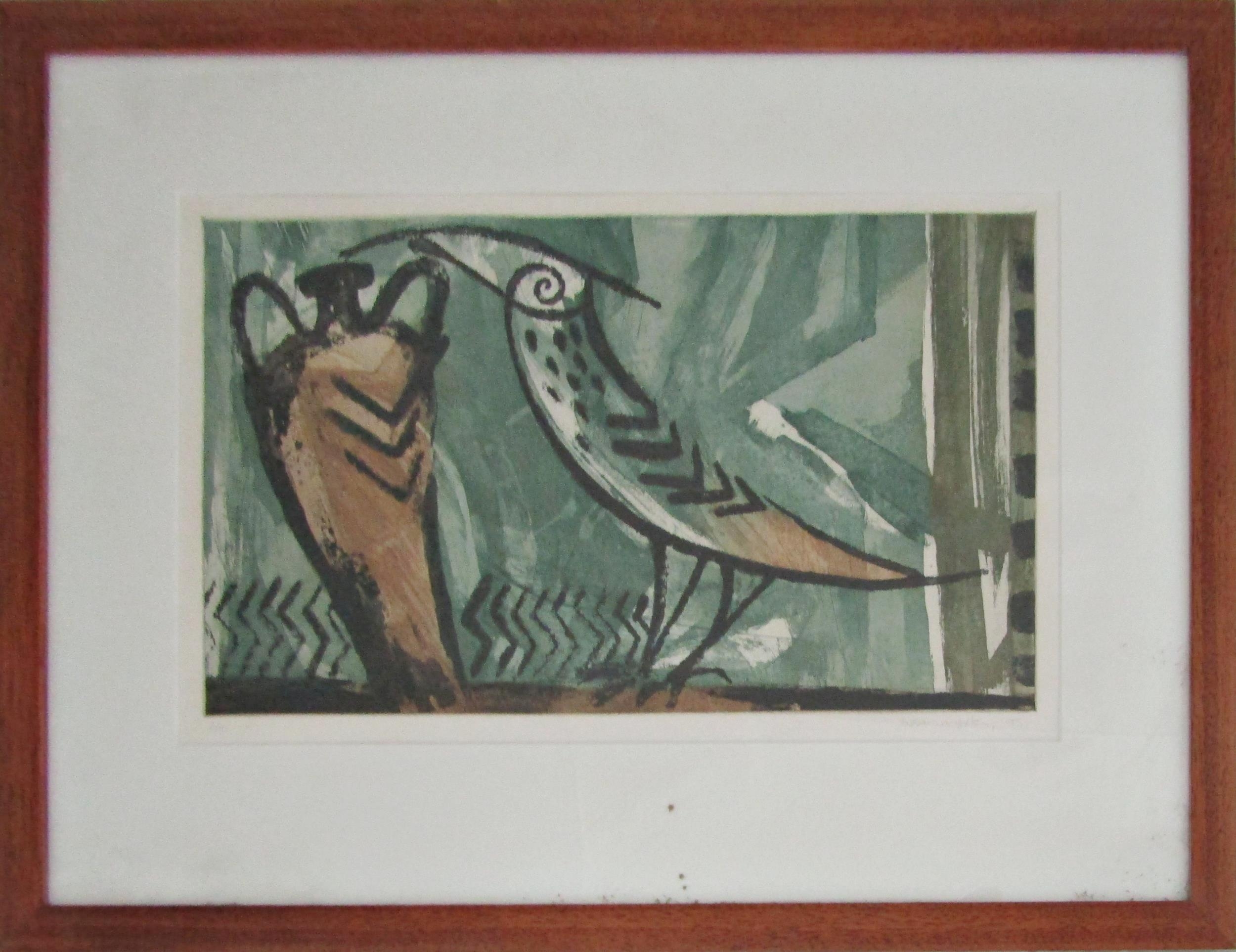 SUSAN MOXLEY (20TH CENTURY CONTEMPORARY) 'AMPHORA WITH BIRD' coloured etching, signed, numbered