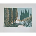 BARBARA VINCENT (20TH CENTURY CONTEMPORARY) 'CYPRESS PATH, TUSCANY' linocut in colours, signed,