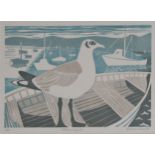 BARBARA VINCENT (20TH CENTURY CONTEMPORARY) 'ESTUARY SEAGULL' linocut in colours, signed, artist's