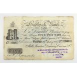 British Provincial Banknote - Suffolk, Hadleigh, five pounds, 16 May 1887 No. 948, for Mills,