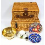 Quantity of handmade wood stands, H13.3cm (60 approximately), 2 picnic baskets, bronze bowl, D 19.