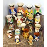 Royal Doulton character jug ?Mr Tonsil The Town Crier?, H 10.6cm, 16 other jugs and a teapot (18)