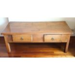 French elm coffee table with 2 drawers, on square sectioned legs, 51 x 139 x 64.5cm