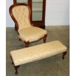 Victorian stained birch spoonback nursing chair on baluster legs, upholstered in buttoned floral