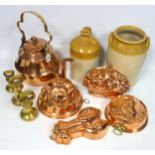 Victorian copper ?castle? jelly mould, D 21.1cm, 3 other moulds, 12 pint? copper kettle, 3 brass