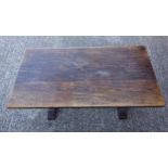 Elm refectory table on shaped end supports and stretcher, 74 x 152.5 x 80.5cm