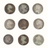 Shillings, 1711 (4), 1723, 1758 (2), 1787 and 1818 (9)