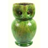 Farnham Pottery green glazed owl jug, with incised decoration, 13.5 cm