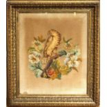 A Victorian needlework panel of a parrot perched upon a branch, worked in colours within a