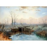 R Dalton (19th century) Winter landscape with two figures, buildings, a lock and row boat in the