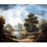 19th century Continental School- A wooded lakescape with fisherman at water?s edge, a cottage and