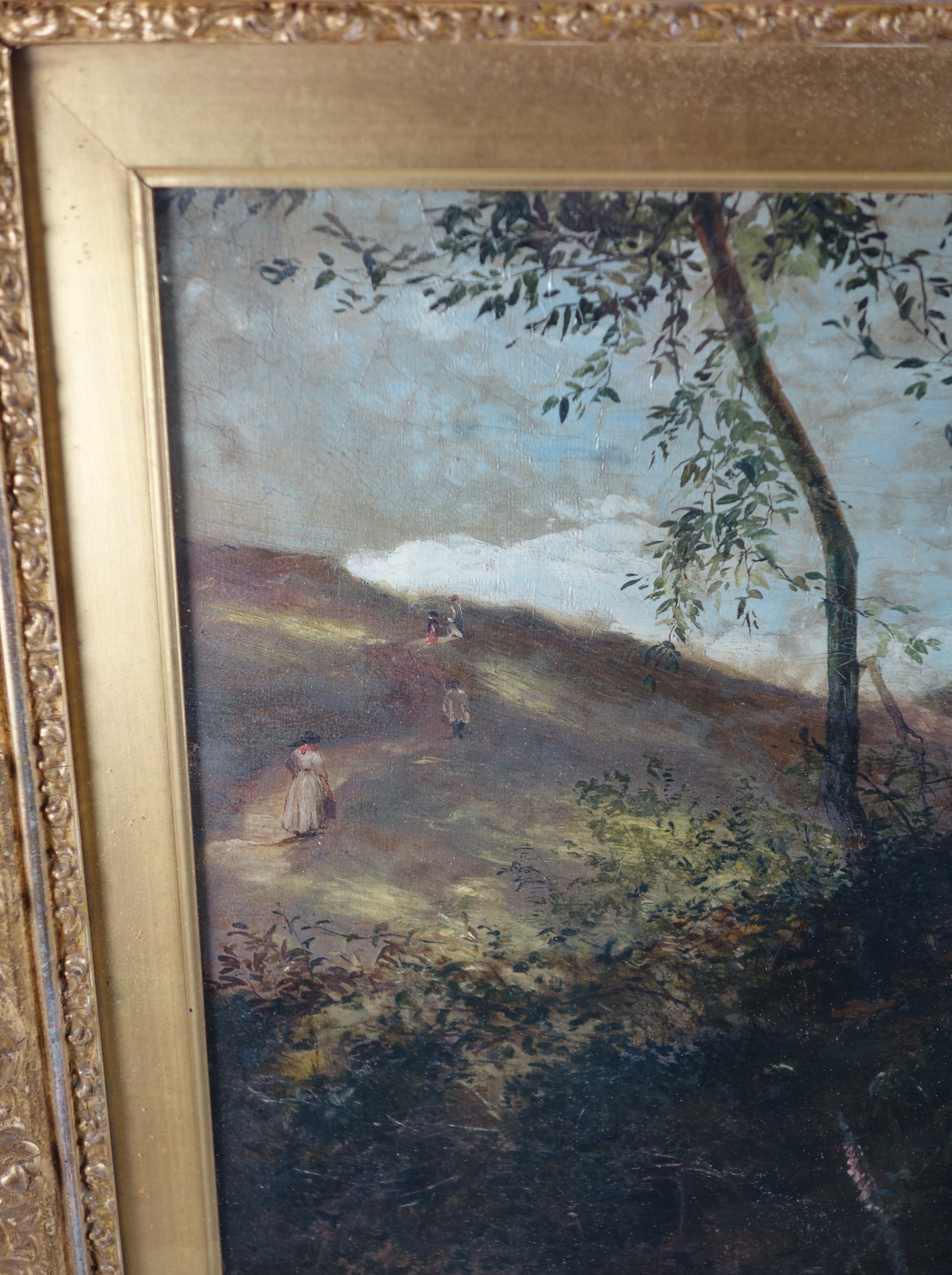 19th century English School ? Sheep resting in a ravine, an ancient ruin on the hill top, oil on - Bild 7 aus 8