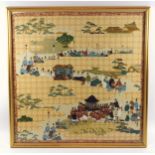 Three assorted Japanese black and gilt prints with hand colour, a Japanese hand painted on fabric