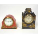 Two Chinese style lacquer effect bracket clocks, one with pagoda top the other in domed case (2)