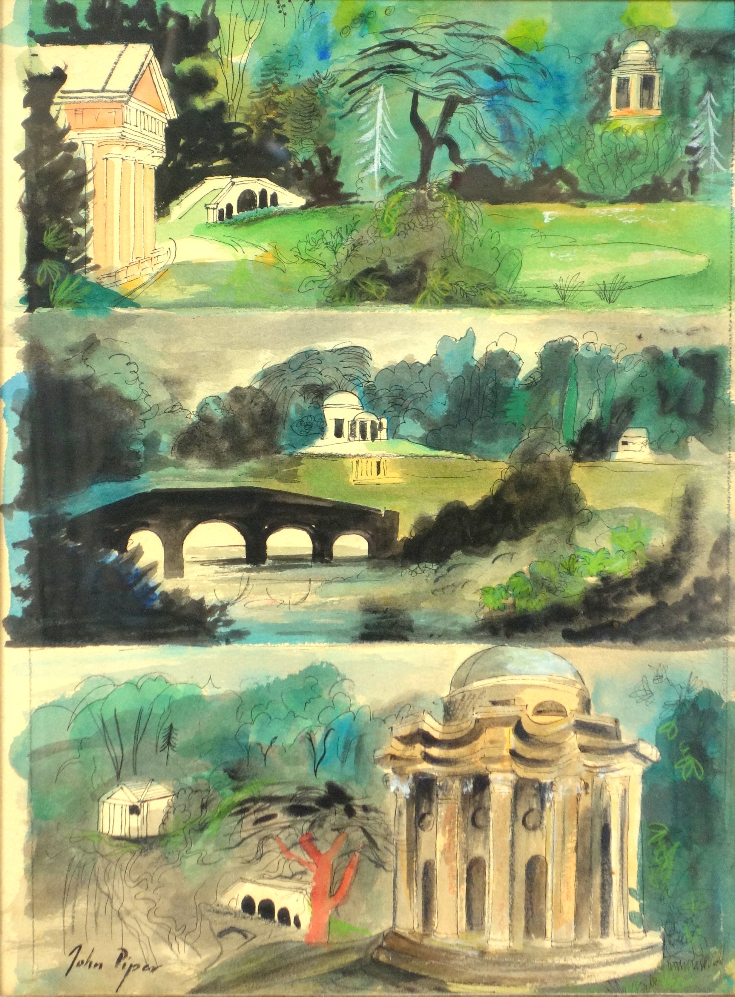 Circle of John Piper - Stourhead Gardens, illustrated in three sections with landmarks of the garden - Bild 2 aus 3