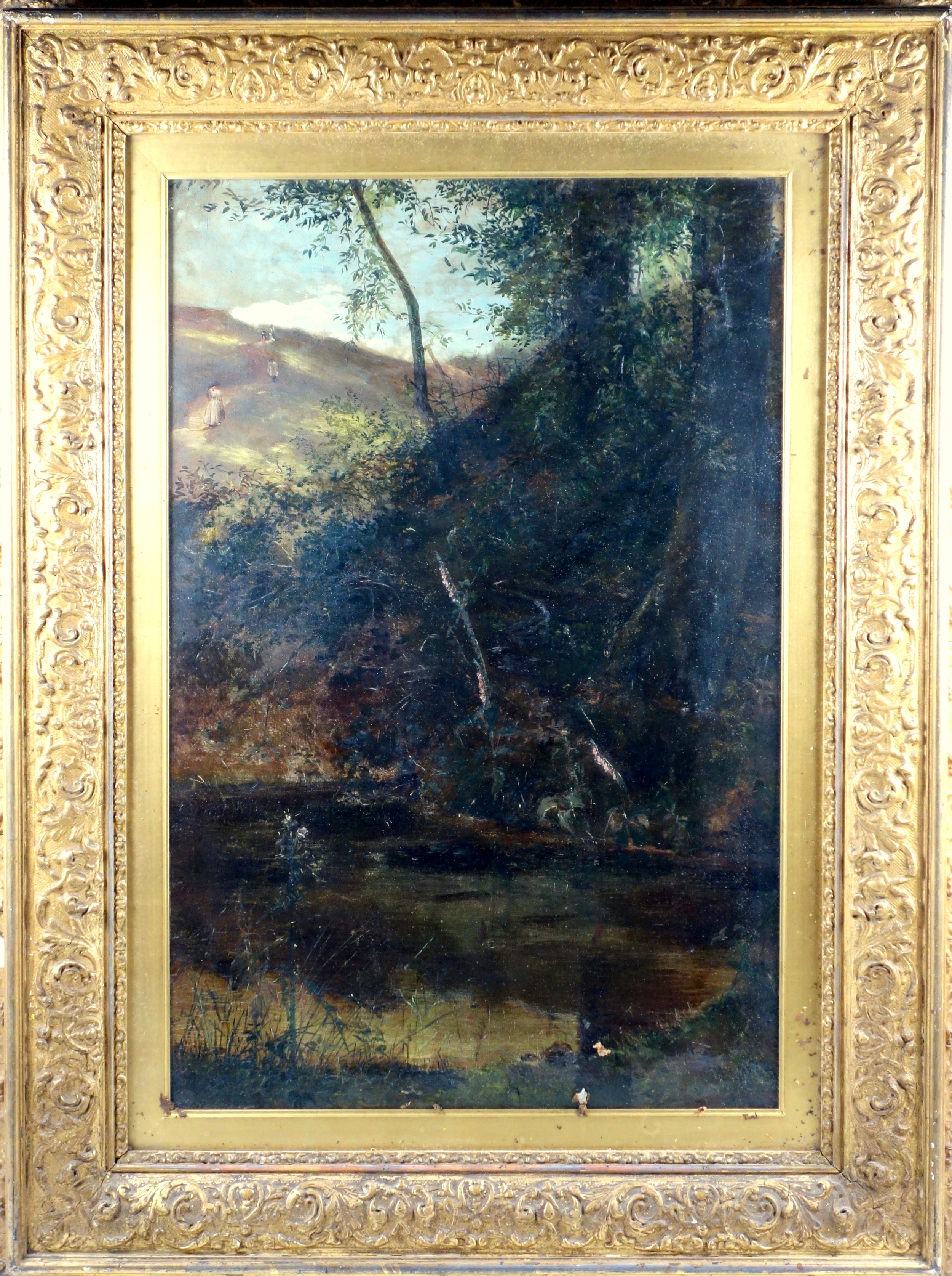 19th century English School ? Sheep resting in a ravine, an ancient ruin on the hill top, oil on - Bild 4 aus 8