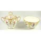 Rockingham style porcelain sugar bowl with cover and a similar slop bowl, pattern no. 5/2253 (2)