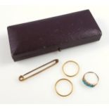 Two 22ct gold wedding rings, 3.9 grams, 9ct gold tie pin, 2.7 grams, yellow metal ring set five