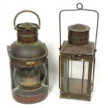 Antique copper ship?s lantern with swing handle, H. 38 cm, and a square metal lantern with glazed