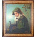 Kim Benson (20th century), an Old Sea Dog smoking a pipe at the ships wheel, oil on canvas, signed