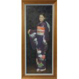 20th century Japanese School ? A young woman standing wearing a kimono, oil on canvas, 91cm x 34 cm